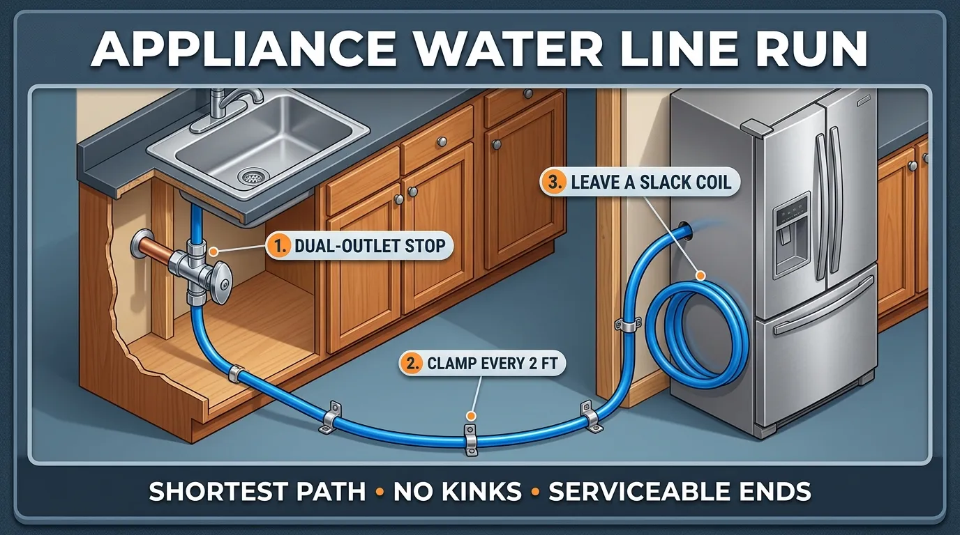 Illustration: cutaway view of a 1/4-inch PEX water line running from an under-sink dual-outlet angle stop, clamped along the cabinet and wall, into the back of a refrigerator with a slack coil.
