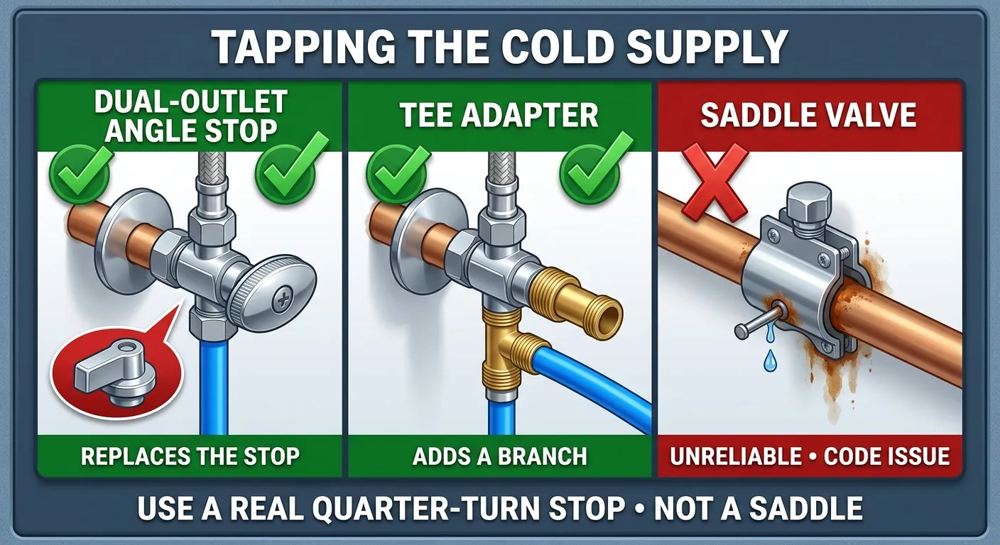 Illustration: three-panel comparison of tap options for a 1/4-inch appliance line — a dual-outlet angle stop and a tee adapter on an existing angle stop marked as correct, and a clamp-on self-piercing saddle valve marked as unreliable.