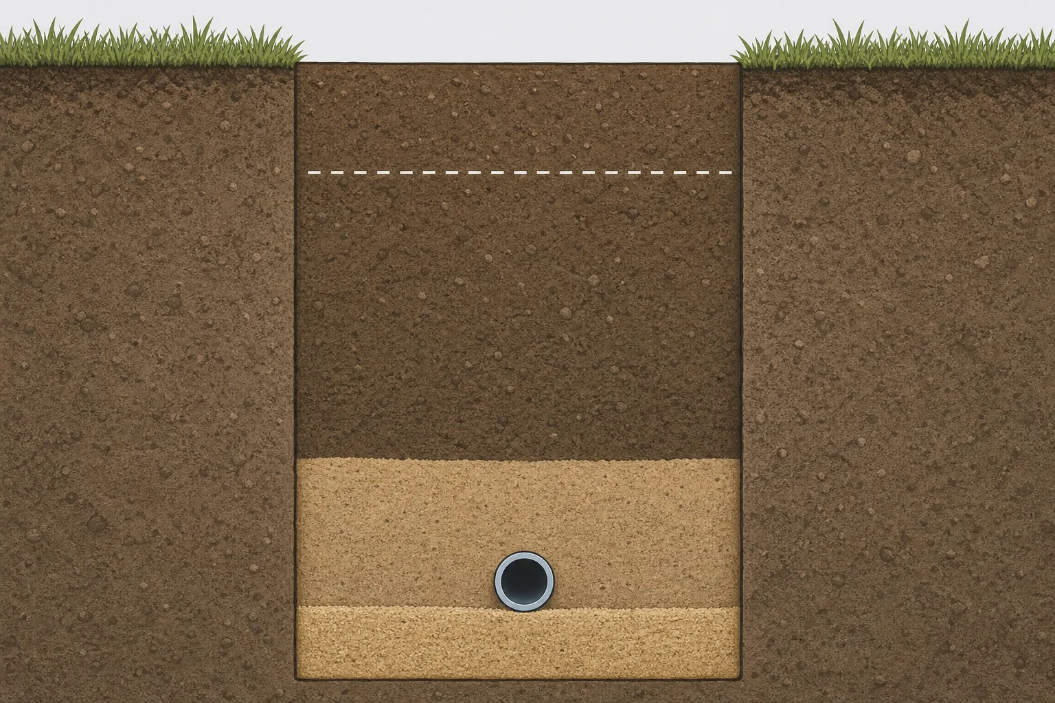 Illustration: cross-section of a utility trench with a water main pipe resting on a sand bed, surrounded and covered by sand, topped with compacted native soil, and a dashed line marking the frost line
