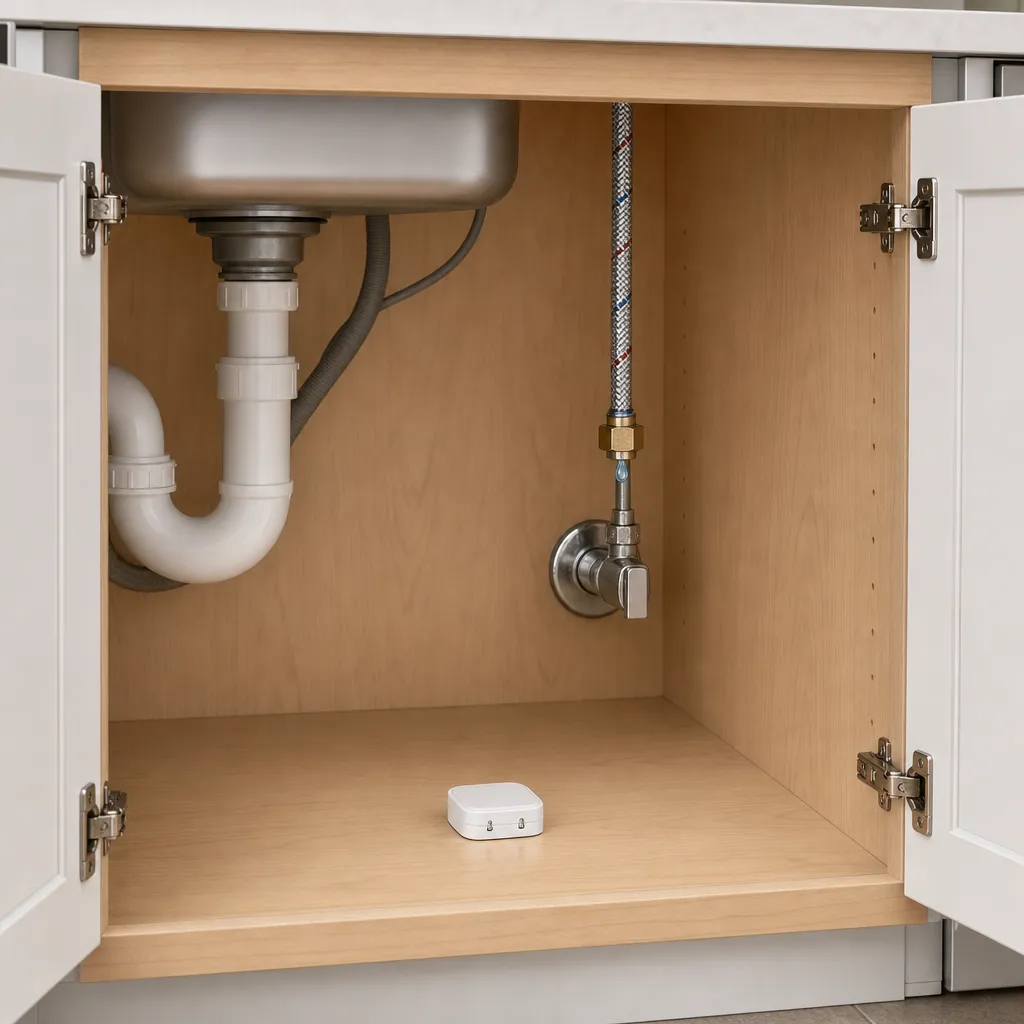 Illustration: A water leak sensor on the cabinet floor under a kitchen sink, with a blue water droplet forming at the dishwasher supply line connection above