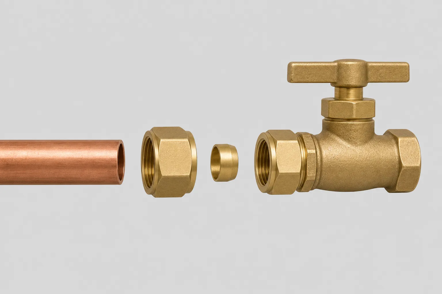 Illustration: a cut copper pipe end with a brass compression nut, brass ferrule, and shut-off valve body lined up in installation order