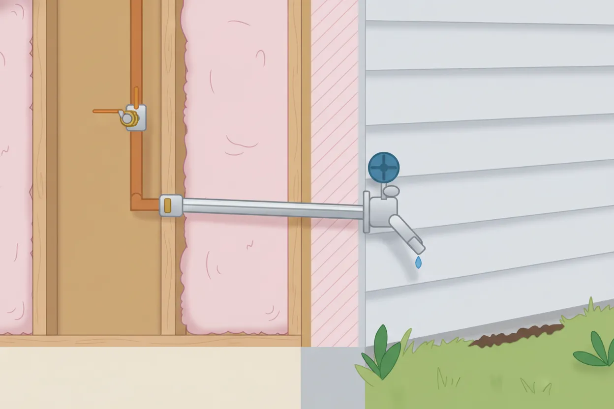 Illustration: cutaway of a frost-free sillcock installed through a house wall — the interior copper supply and shut-off valve on the warm inside, the barrel running through the insulated wall, and the faucet mounted on the exterior siding above the yard