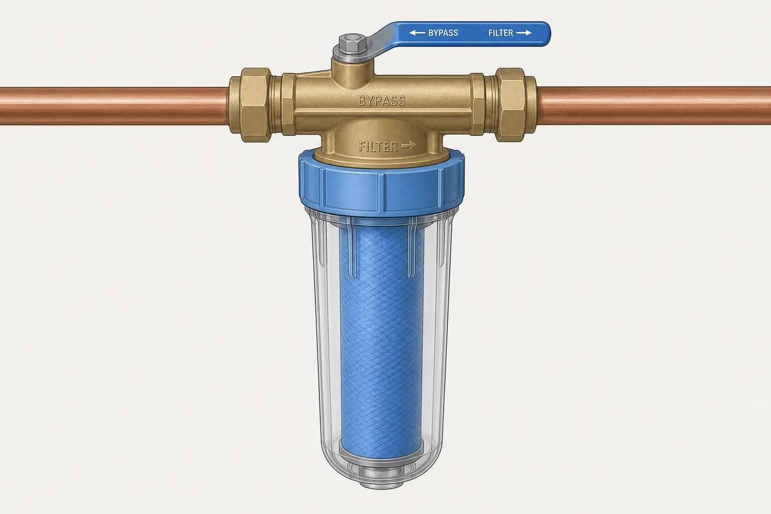 Illustration: a whole-house water filter assembly on a copper line — a brass bypass valve on top of a clear housing holding a blue sediment cartridge, joined by two unions