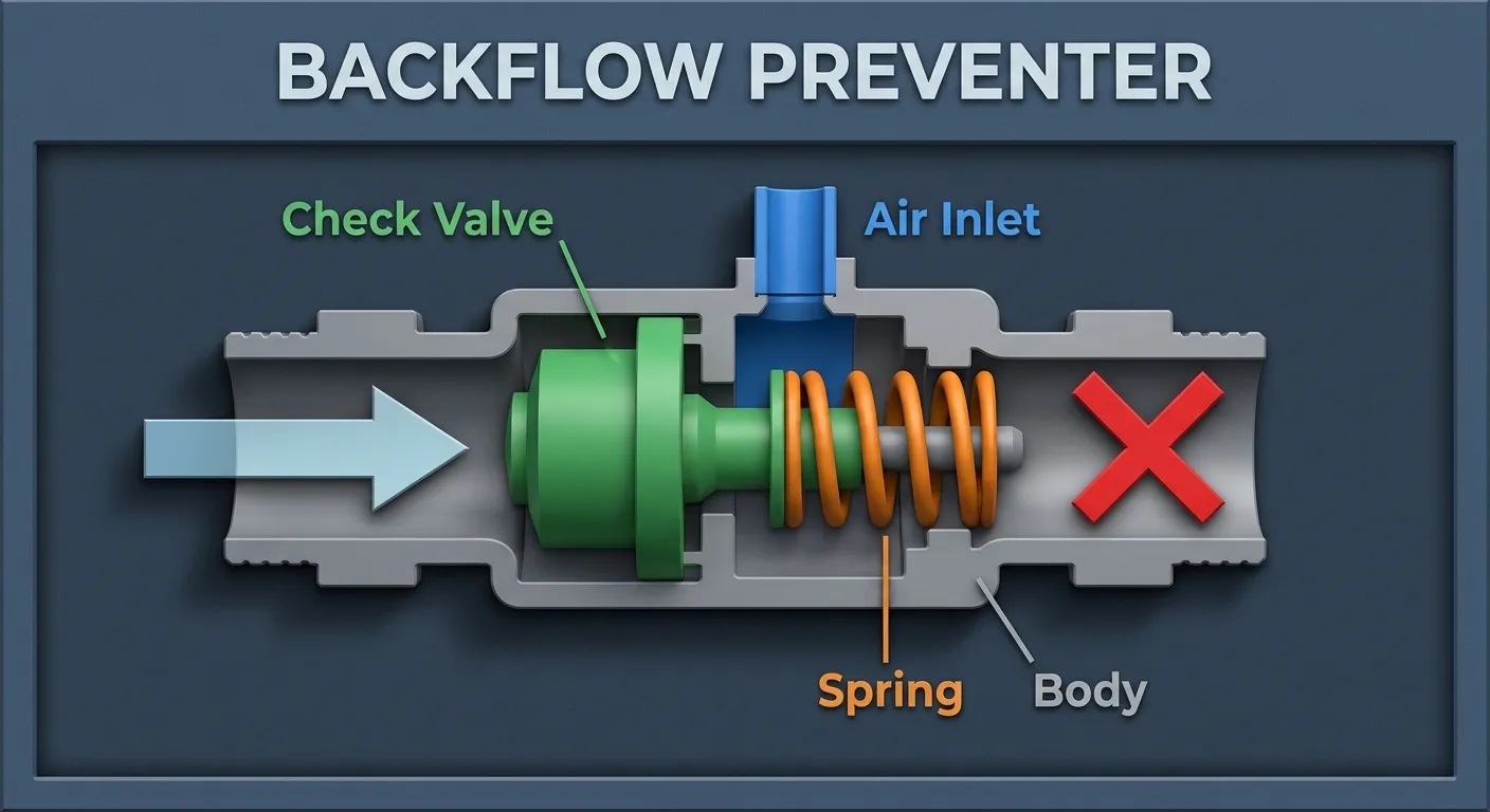 Illustration: Cross-section of a pressure vacuum breaker backflow preventer showing internal components and direction of water flow with reverse flow blocked.