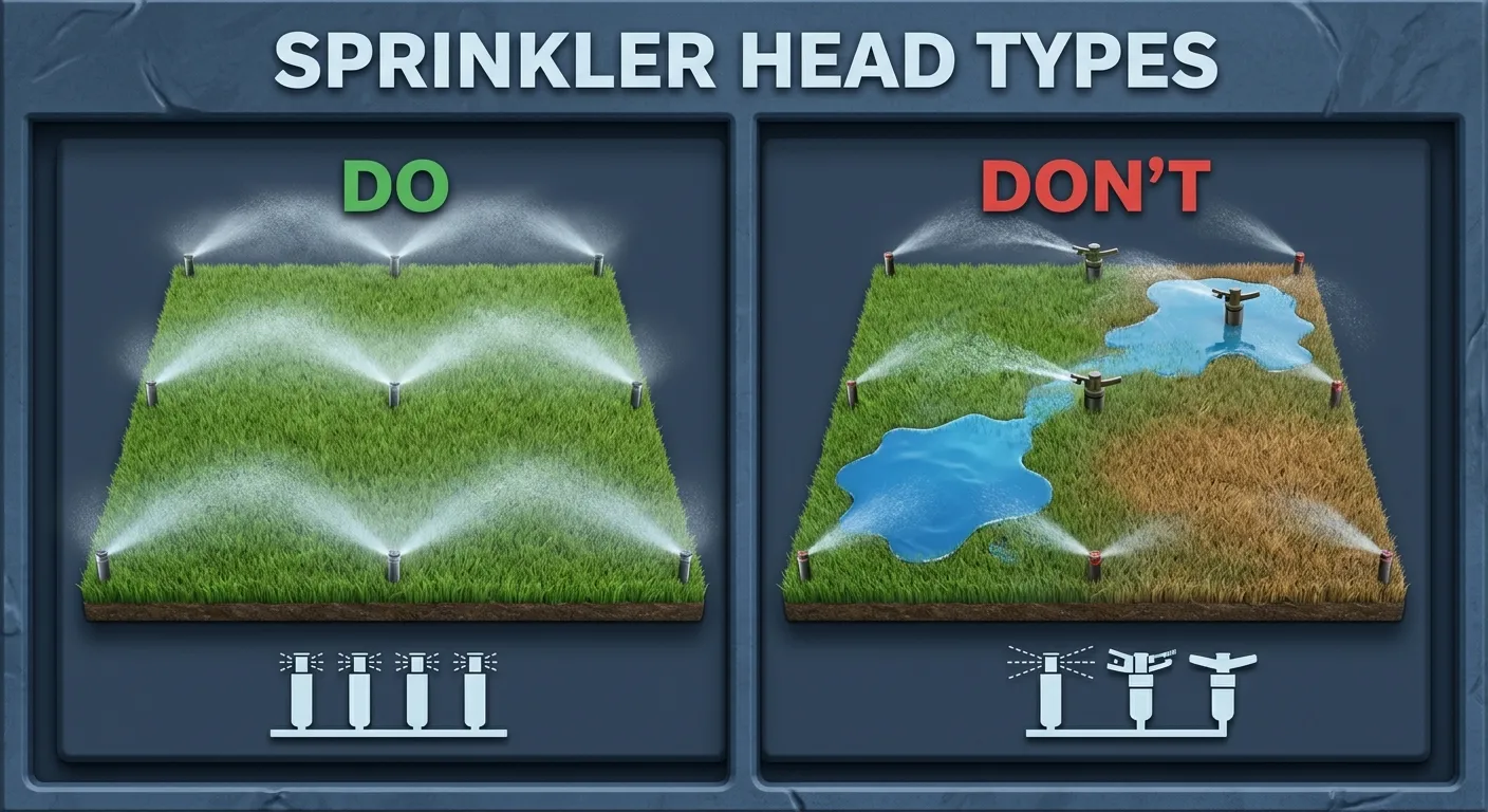 Illustration: Two panels comparing correct and incorrect sprinkler head use on one zone. Left panel shows all fixed spray heads with even coverage. Right panel shows mixed spray and rotary heads with overwatered and dry areas.