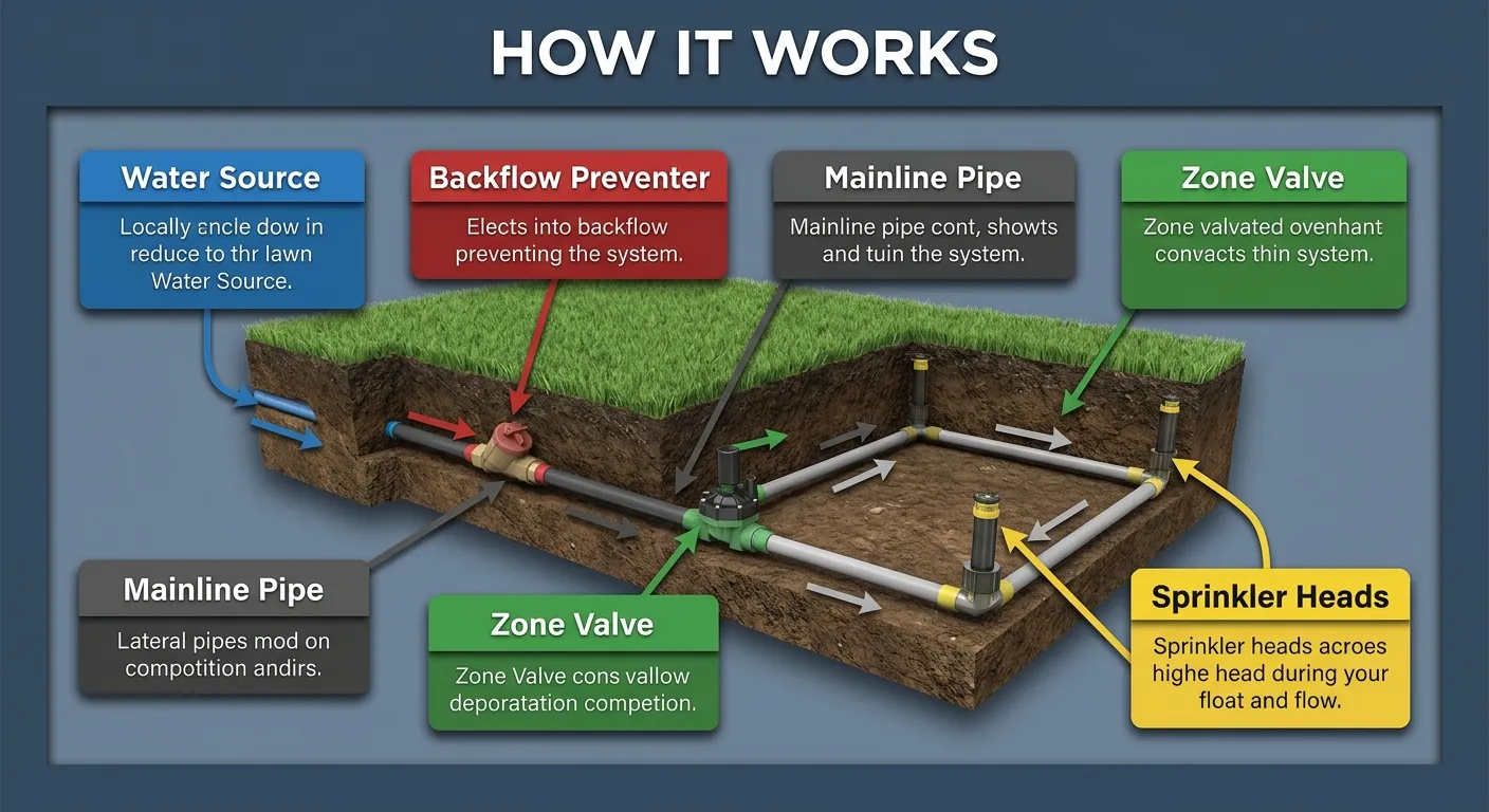 Illustration: Cutaway diagram of a lawn irrigation system showing water flow from source through backflow preventer, mainline, zone valve, lateral pipes, and sprinkler heads.