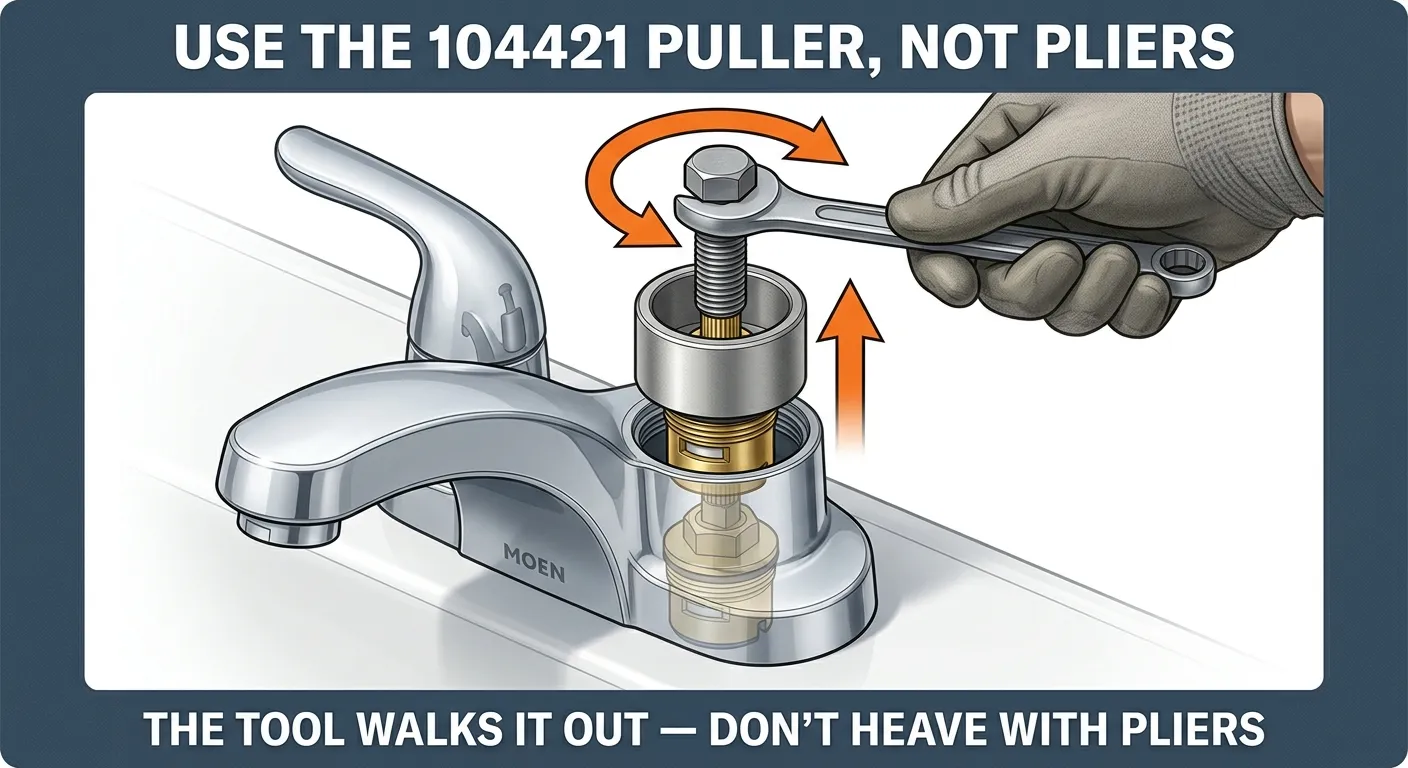 Illustration: the Moen 104421 cartridge puller threaded onto a stuck 1225 cartridge stem with its outer sleeve resting on the valve body; a wrench turns the top hex bolt clockwise and the cartridge is shown walking straight up out of the cavity.