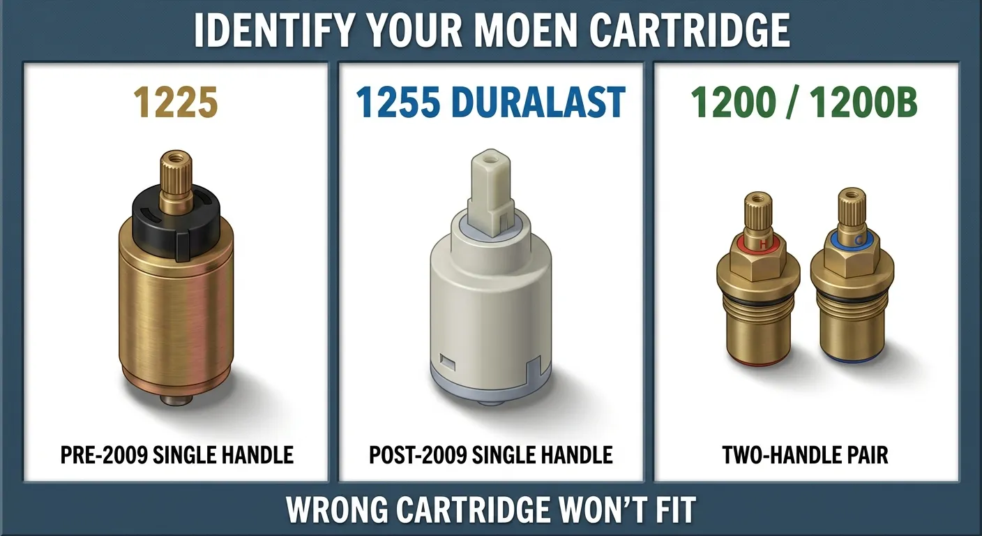 Illustration: three Moen cartridges compared side by side — a brass 1225 with a black plastic cap for pre-2009 single-handle faucets, a one-piece white and grey polymer 1255 Duralast for post-2009 single-handle faucets, and a pair of smaller brass 1200 / 1200B cartridges for two-handle faucets.