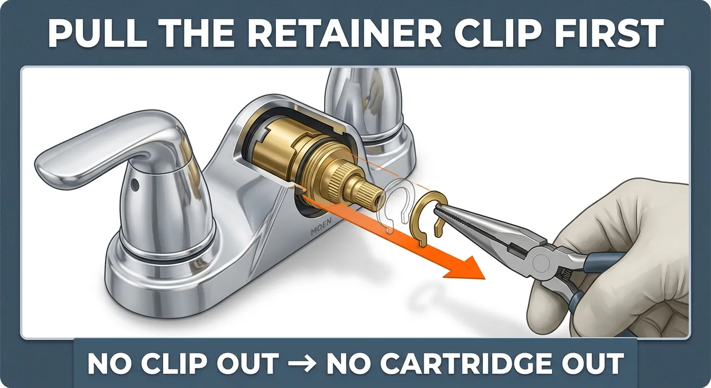 Illustration: cutaway of a Moen faucet valve body with the sleeve removed, showing needle-nose pliers pulling a small horseshoe-shaped brass retainer clip sideways out of a slot in the valve body before the cartridge can be lifted out.