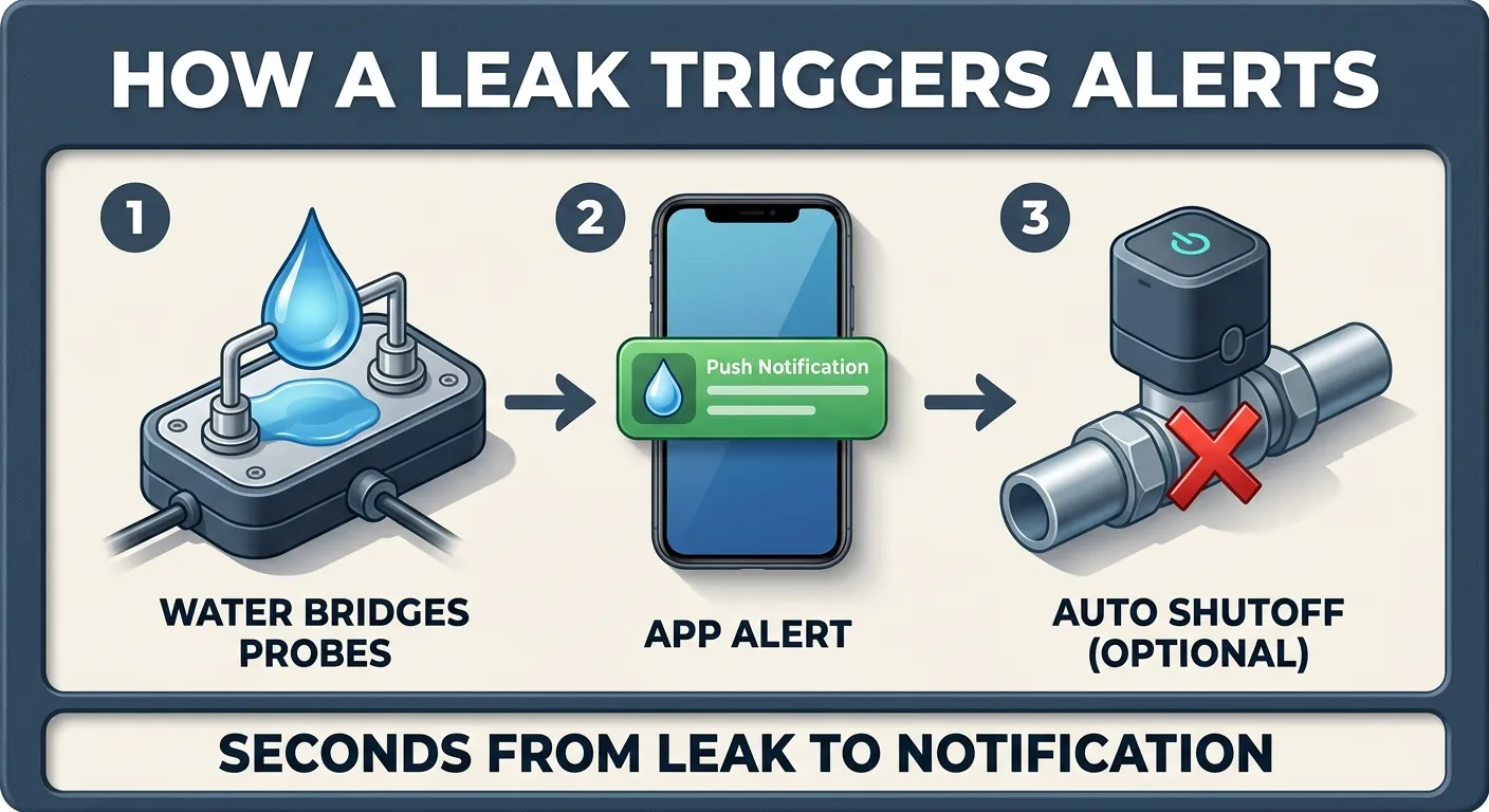 Illustration: Three-step sequence showing water bridging probes, a smartphone alert, and an automatic shutoff valve closing.
