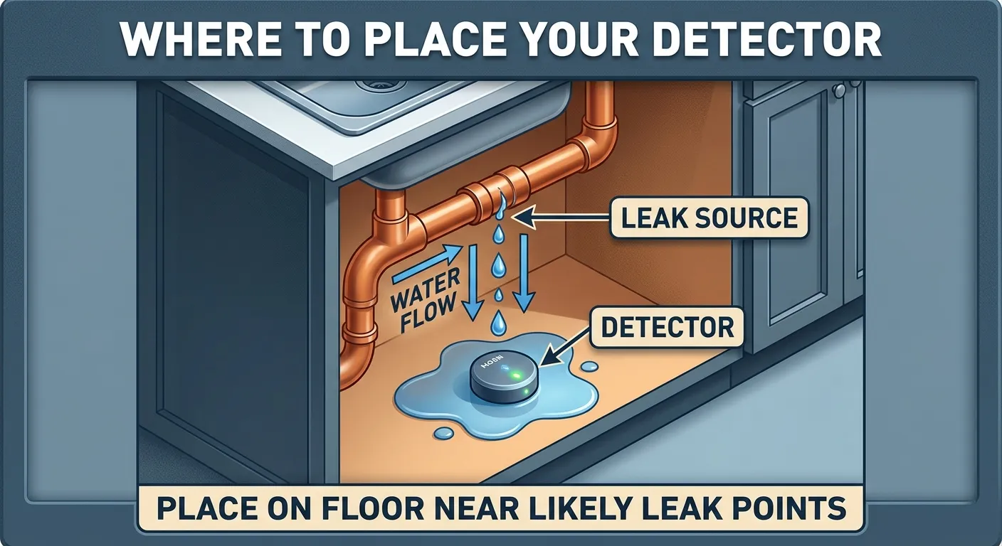 Illustration: Cutaway view of a sink cabinet showing a dripping pipe joint, water pooling on the floor, and a Moen water detector placed in the puddle.