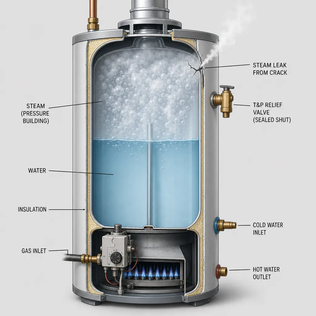 Illustration: cutaway of a gas water heater showing dense steam at the top of the tank, the T&P valve sealed shut, and a crack near the top releasing steam