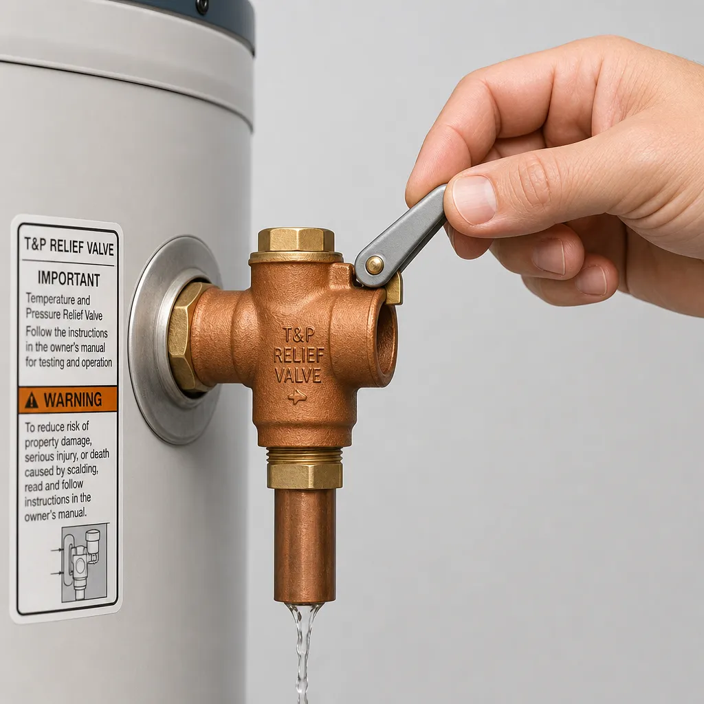 Illustration: a hand lifting the test lever on a copper T&P relief valve mounted to a water heater tank, with water dripping from the vertical discharge pipe