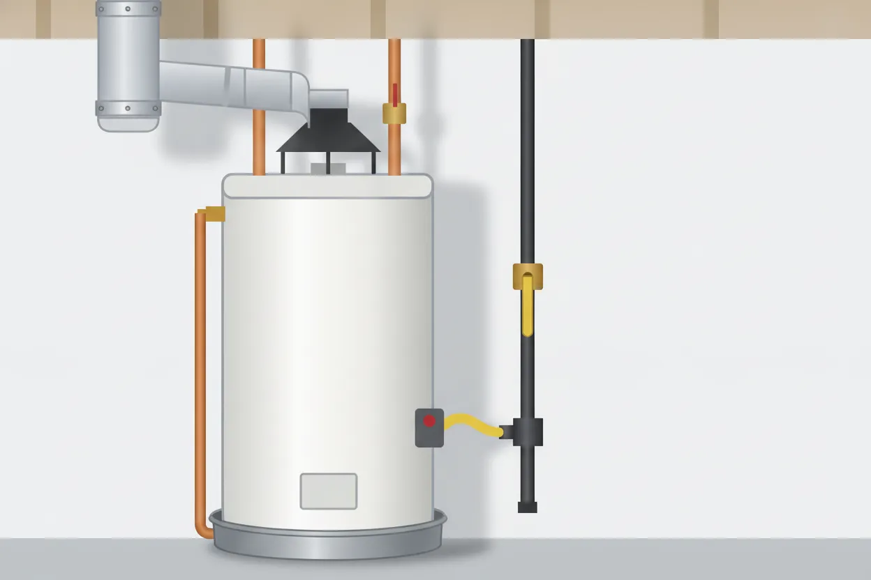 Illustration: a gas water heater in a metal drain pan, with a draft hood on short legs, a vent connector rising from the hood and climbing toward a vertical double-wall vent that goes through the ceiling, and a gas line with an open shutoff valve, a capped drip leg below a tee and a yellow flexible connector to the gas valve