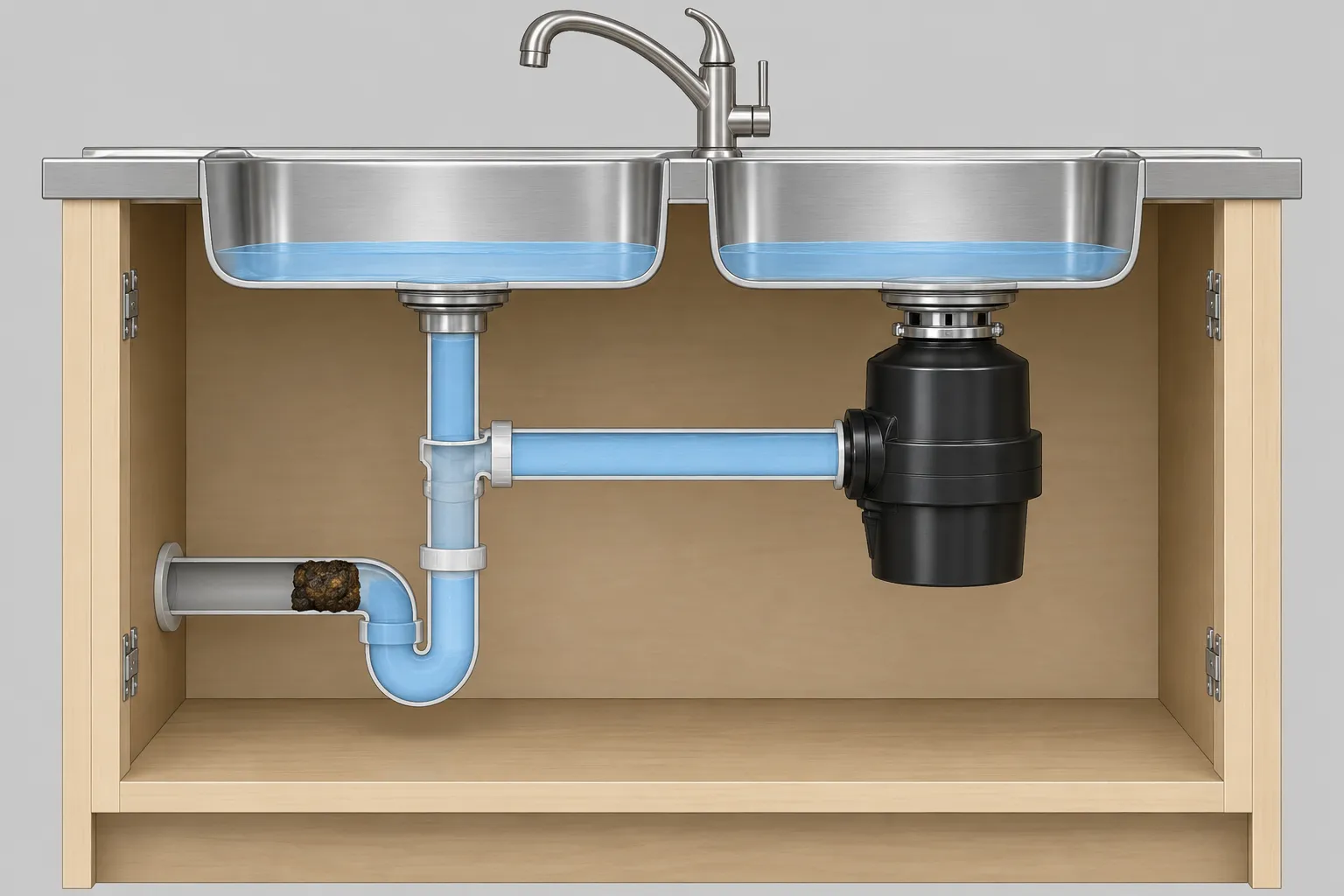 Illustration: cutaway of a double kitchen sink with a disposal under the right basin, where a clog in the trap arm leaves every pipe full of water and shallow water standing in both basins