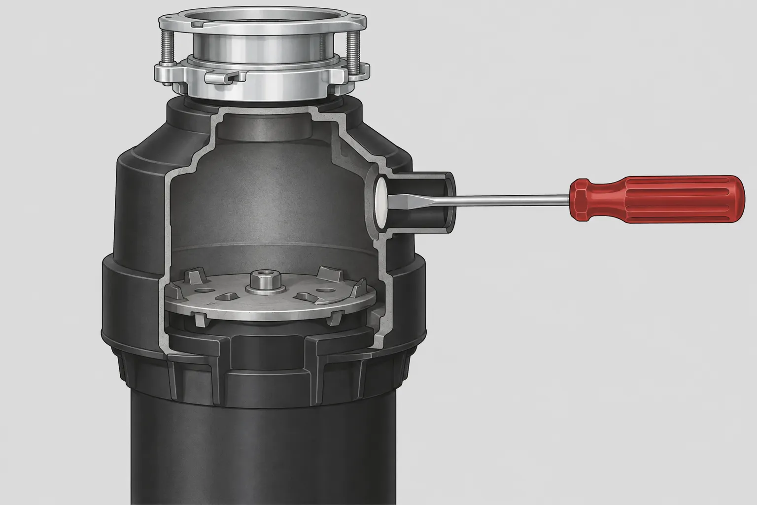 Illustration: cutaway of a garbage disposal showing a thin white plastic plug sealing the inner end of the dishwasher inlet, with a flat screwdriver tip resting against it
