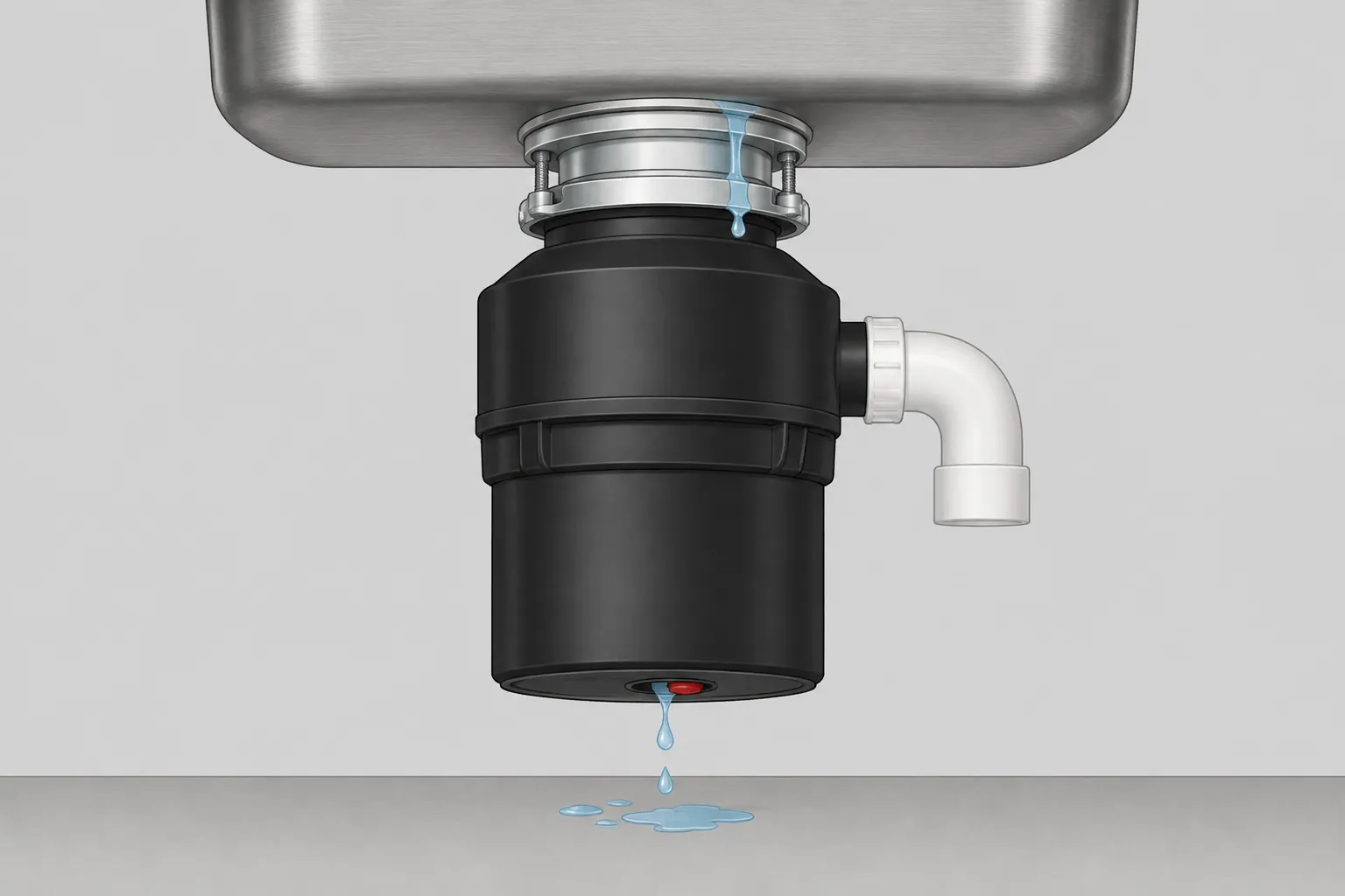 Illustration: garbage disposal under a sink with one drip running down the mounting ring from the sink flange joint and a second drip falling from the centre of the bottom plate