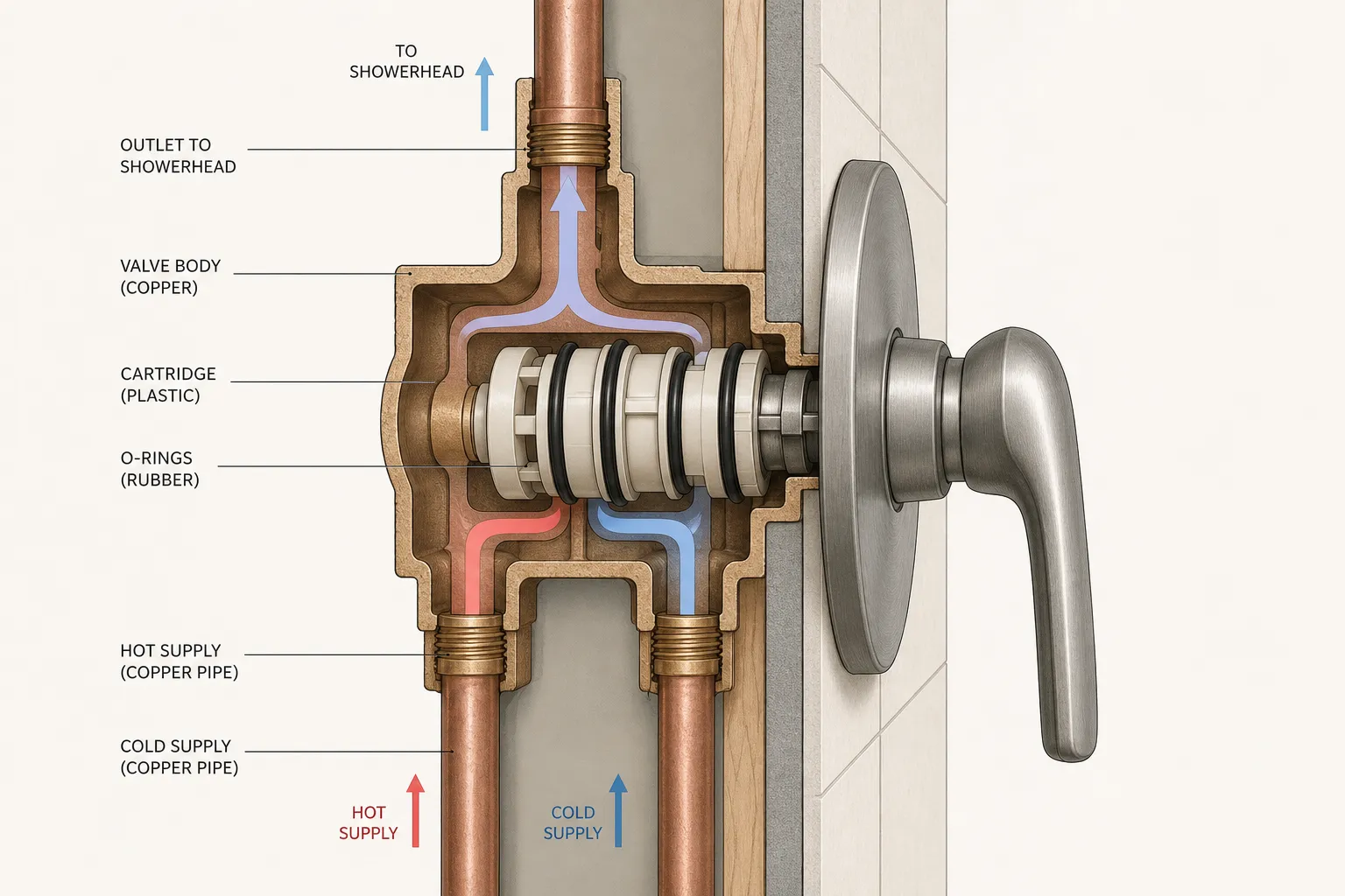 Illustration: side cutaway of a single-handle shower mixing valve showing the cylindrical cartridge and O-rings with hot and cold supply lines merging to one outlet
