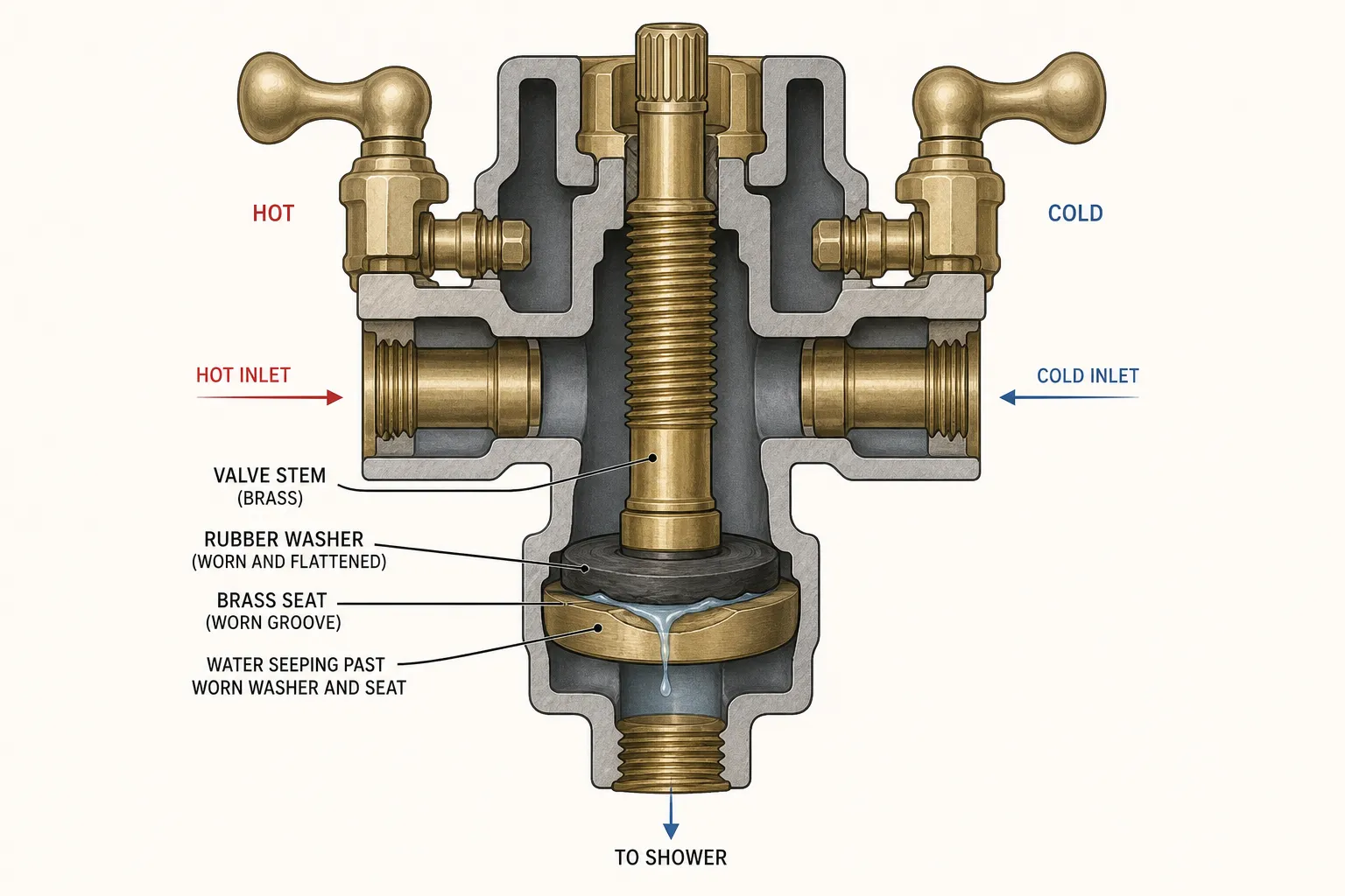 Illustration: cutaway of a two-handle shower valve showing a worn, flattened rubber washer pressed against a grooved brass seat with water seeping past