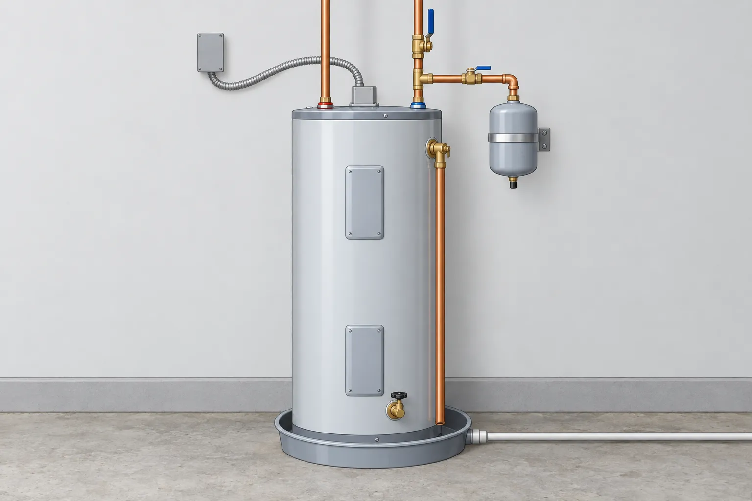 Illustration: an electric water heater in a drain pan with a shutoff valve on the cold supply, a small expansion tank teed into the cold line through its own ball valve and strapped to a wall bracket, and a relief-valve pipe running down into the pan