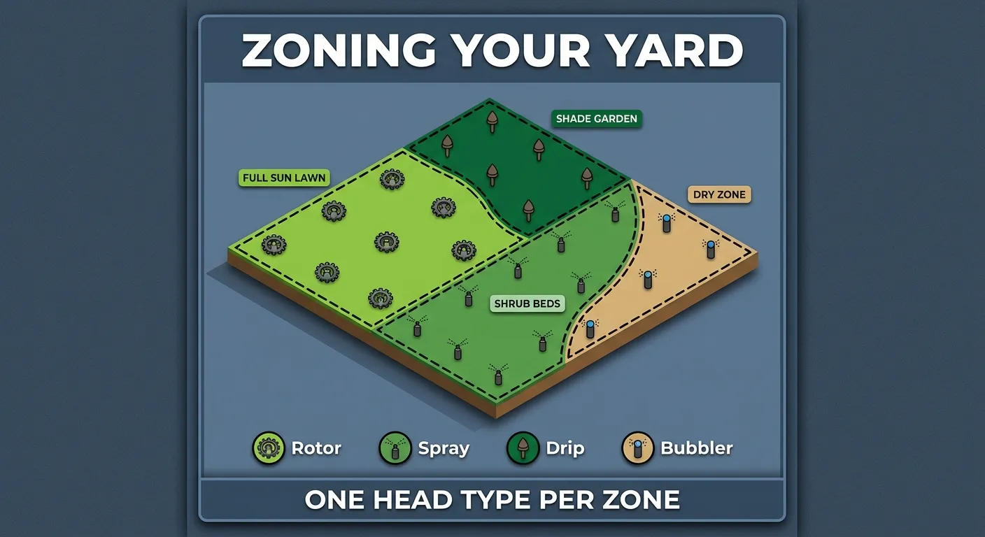 Illustration: Isometric bird's-eye view of a residential property divided into four colored zones with different sprinkler head icons, showing full sun lawn, shade garden, shrub beds, and dry zone.