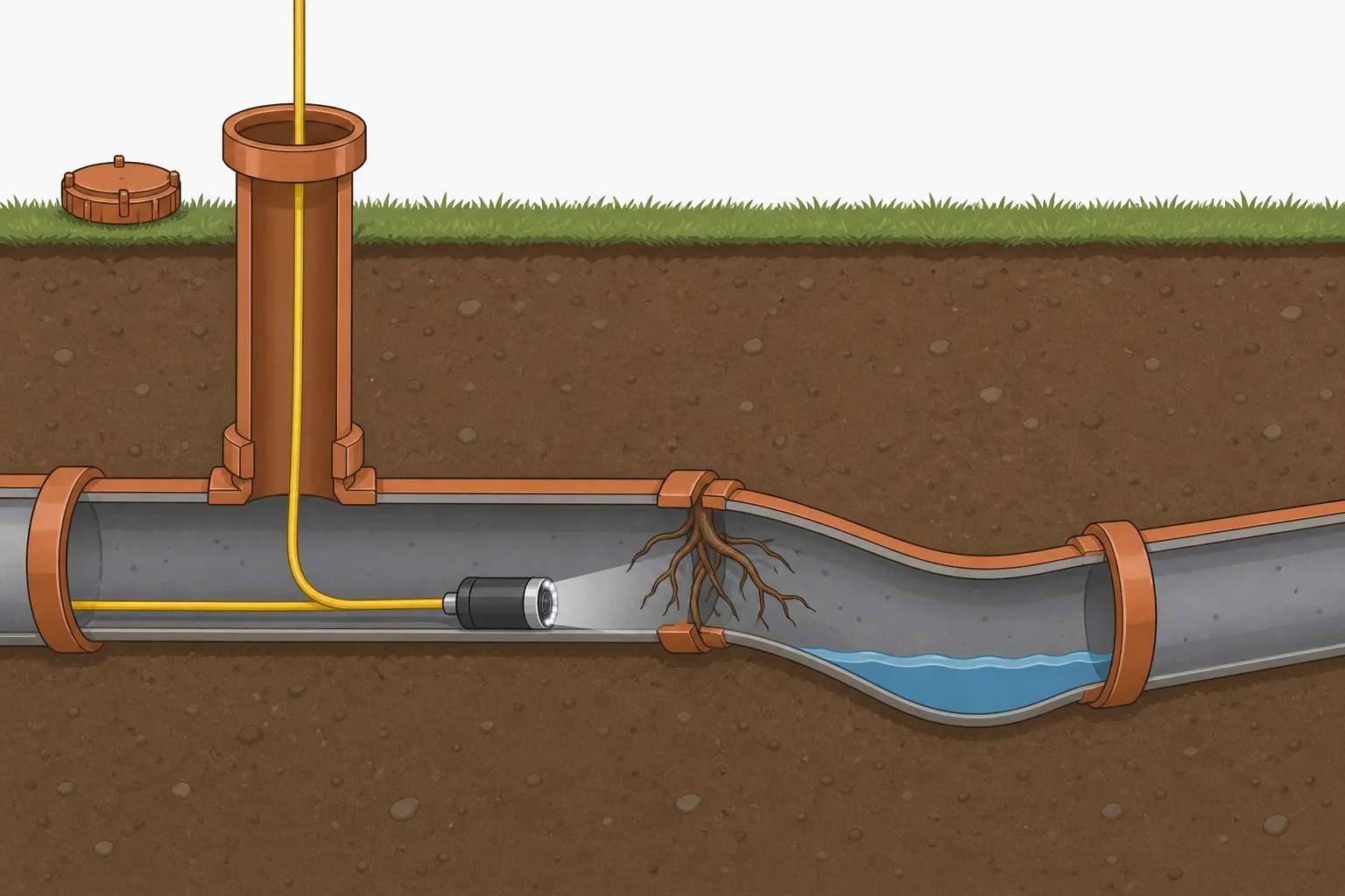 Illustration: sewer camera on a cable fed down an open cleanout, approaching tree roots at a pipe joint and a sag holding standing water