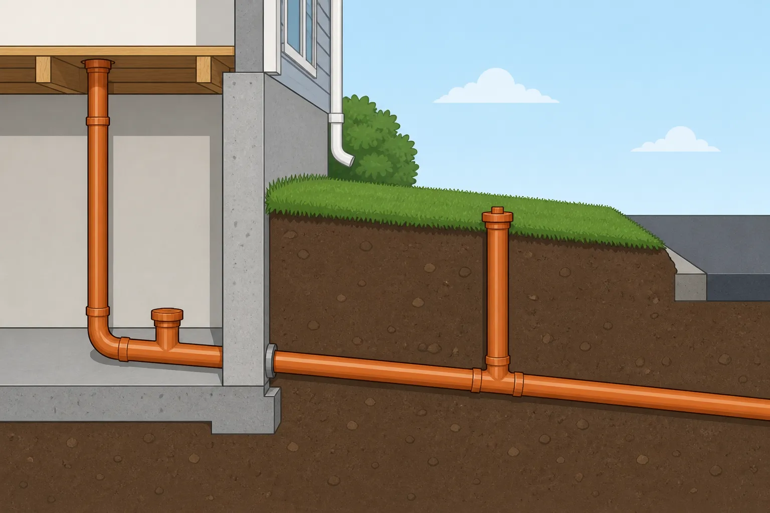 Illustration: house drain leaving the basement through the foundation, with a capped cleanout at the basement floor and another riser cleanout in the front yard