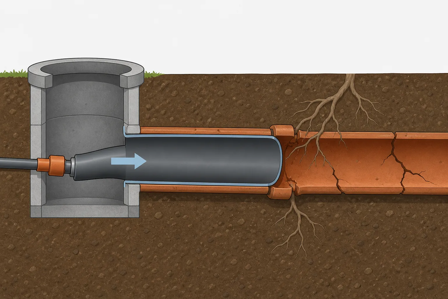 Illustration: new flexible liner being pushed from an access pit into a cracked clay sewer pipe with roots at a joint