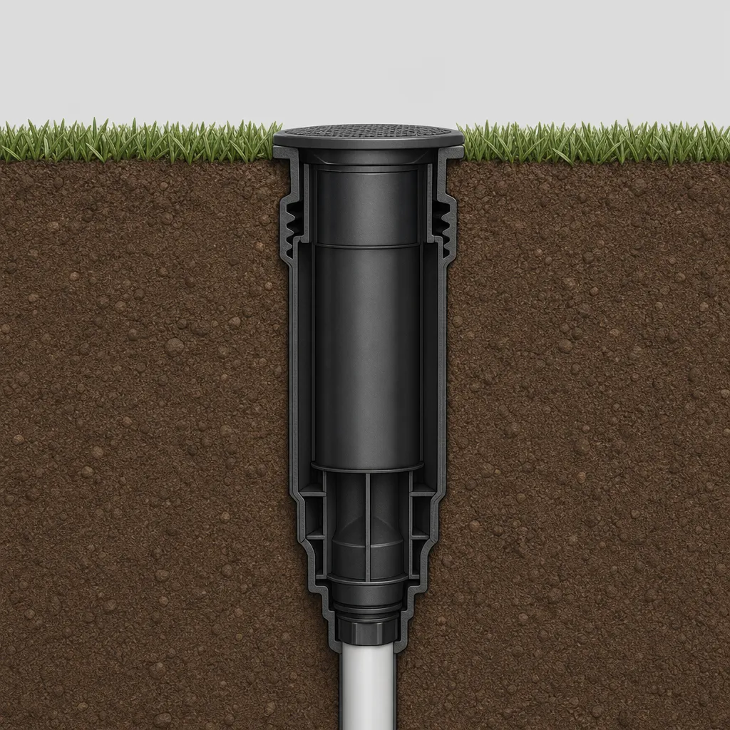 Illustration: cross-section of a Rain Bird 1800 pop-up sprinkler body set in soil with its cap flush with the grass surface