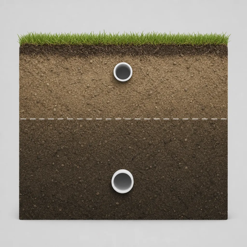 Illustration: soil cross-section showing one shallow buried sprinkler pipe near the surface and one deeper pipe below a dashed frost line