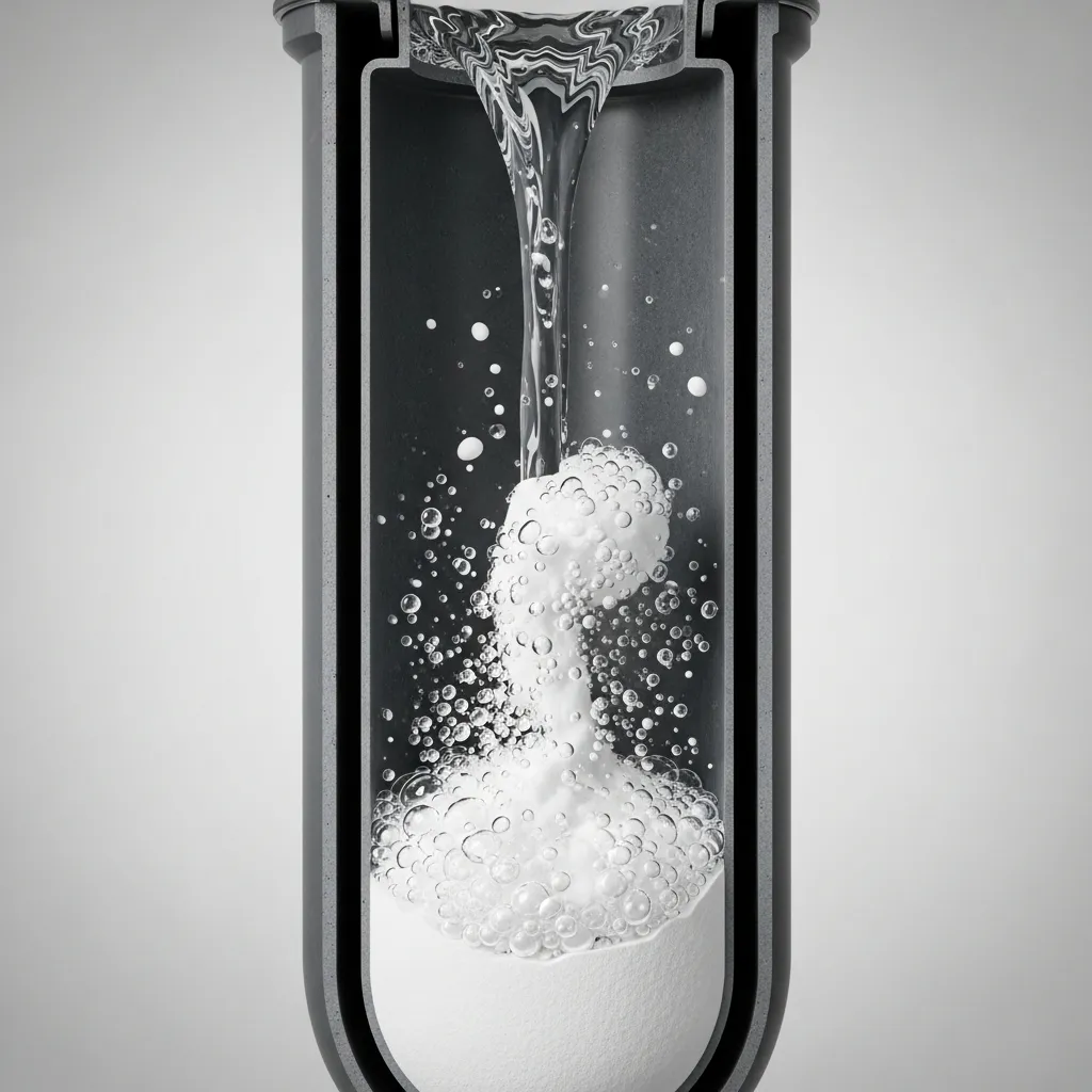 Illustration: baking soda and vinegar fizzing inside a drain pipe