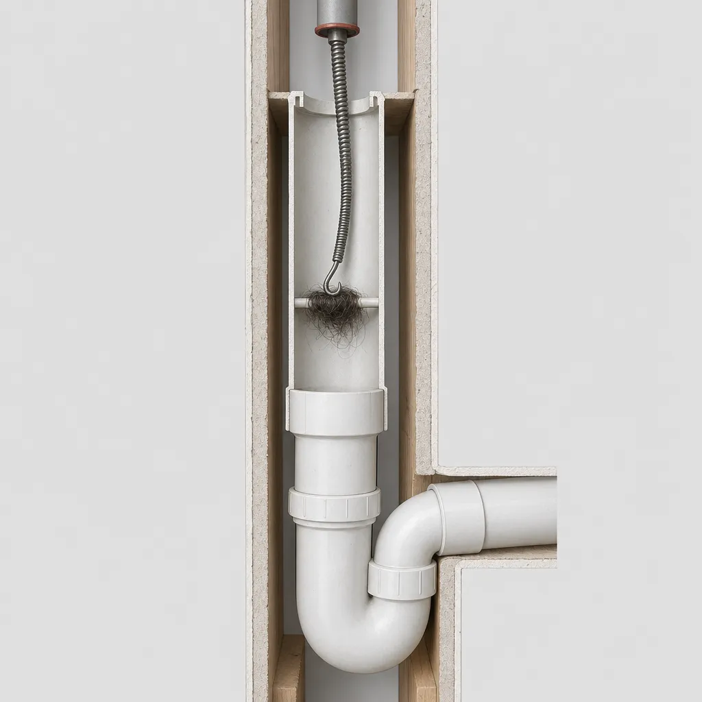 Illustration: drain snake hooking a hair clog around the strainer crossbar