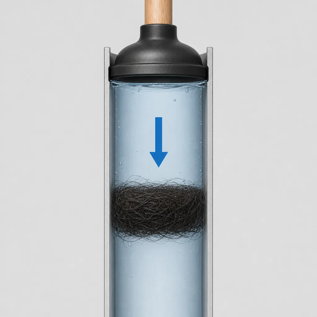 Illustration: plunger pressure compacting a hair clog deeper into a drain pipe
