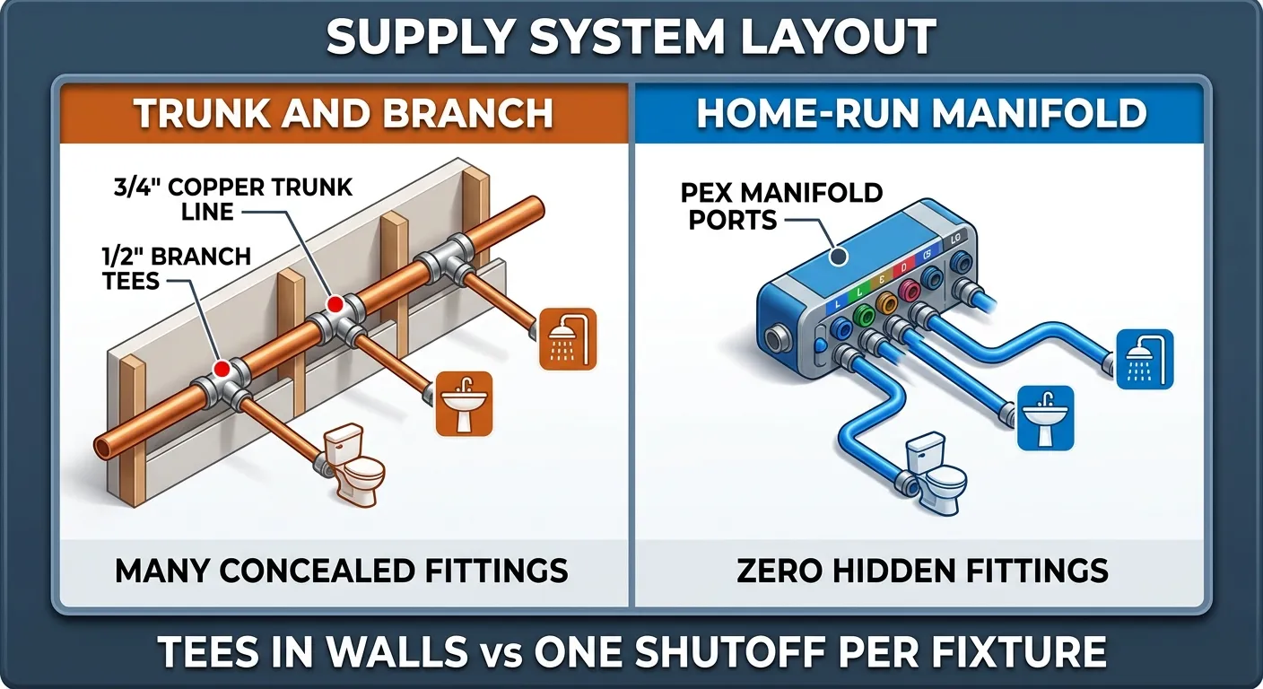 Illustration: side-by-side comparison of a trunk-and-branch supply layout with multiple tee fittings along a copper trunk versus a home-run manifold with a central PEX block feeding dedicated lines to each fixture.