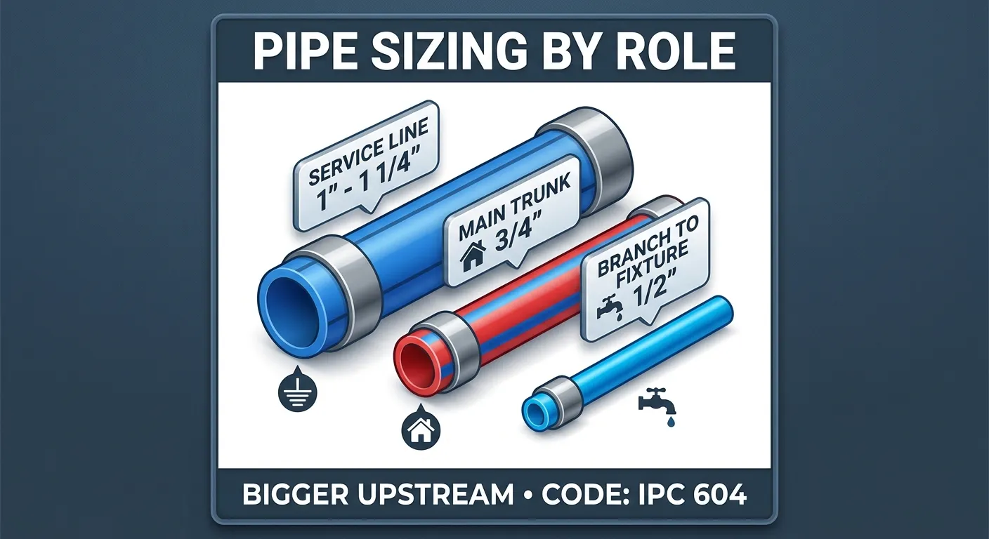 Illustration: three pipe segments arranged by diameter — a 1-inch service line, a 3/4-inch main trunk, and a 1/2-inch branch line — each labeled with its role in the supply system.
