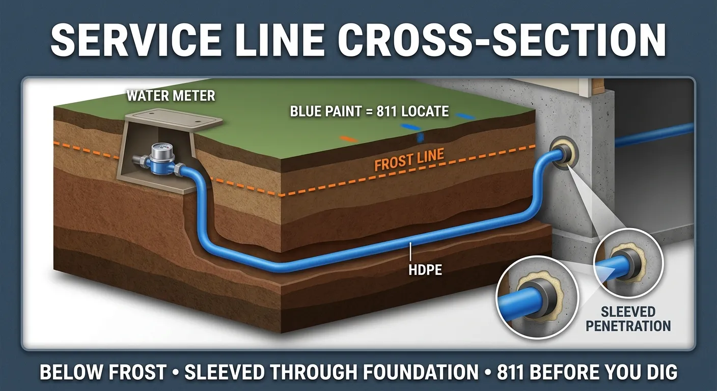 Illustration: underground cross-section of a residential service line running from a water meter through soil, staying below a dashed frost line, and rising through a sleeved penetration in the foundation wall.