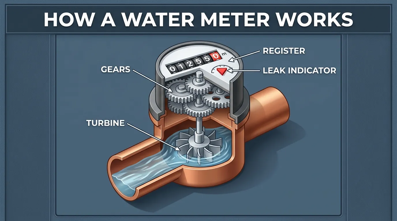 Illustration: Cutaway diagram of a water meter showing a turbine inside the pipe connected by gears to a register with a leak indicator.